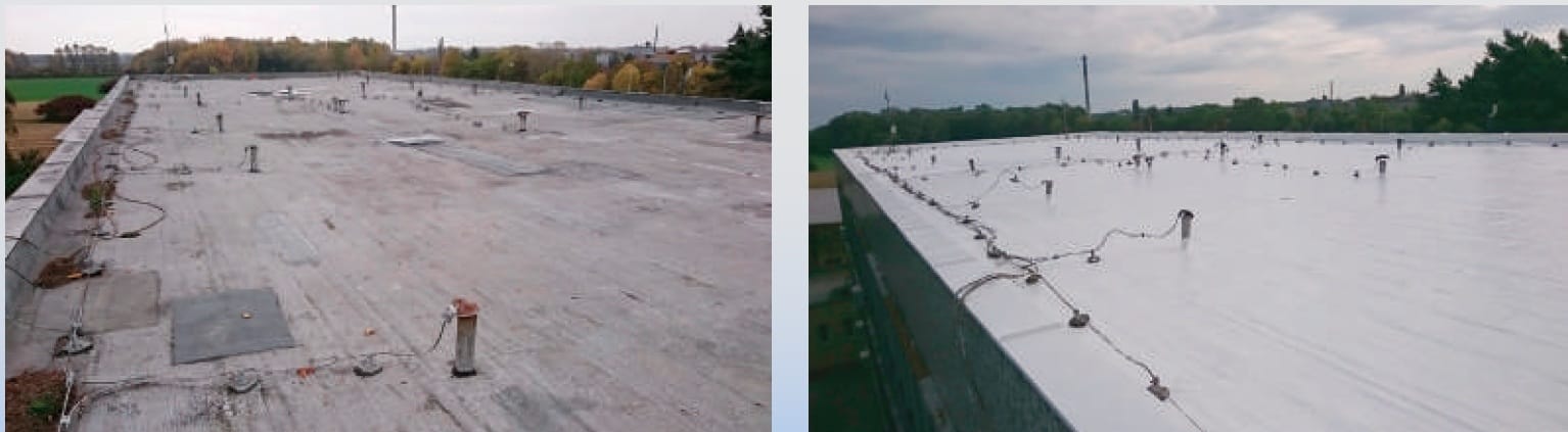 Strešný plášť pred aplikáciou a po aplikácii silikónovej hydroizolácie